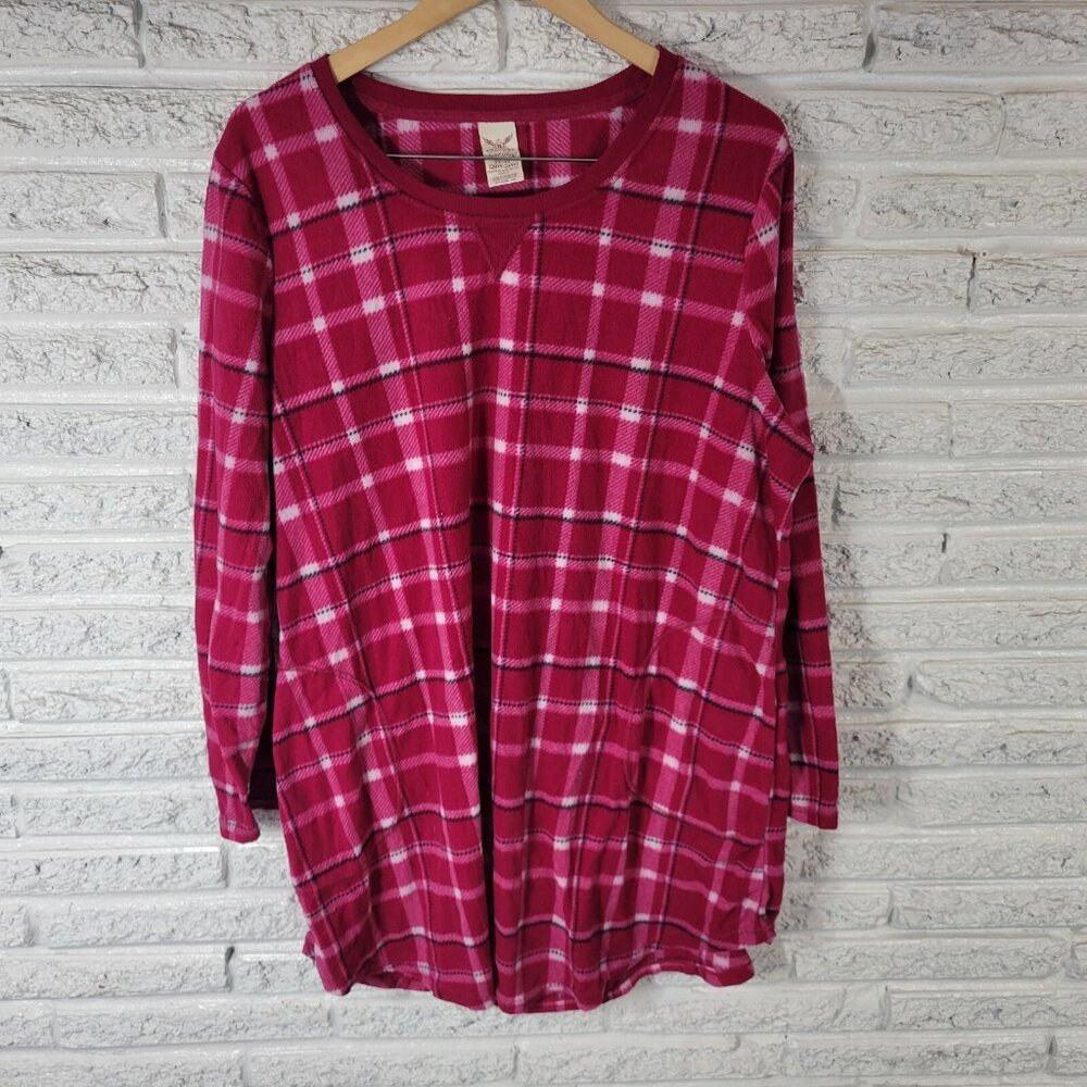 Faded Glory Womens Pajama Top 2X 3X Pink Plaid Flannel Fleece Sleepwear SWE160E